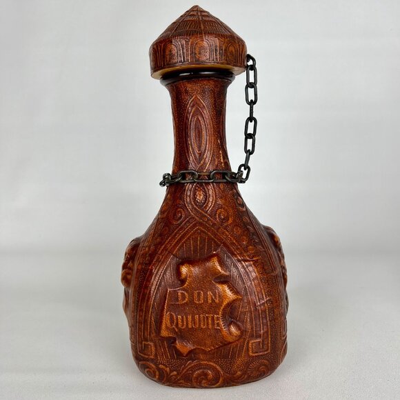 Vintage Jeyre Embossed Leather Don Quixote Decanter Wine Whiskey Spain set of 2 - Picture 4 of 16